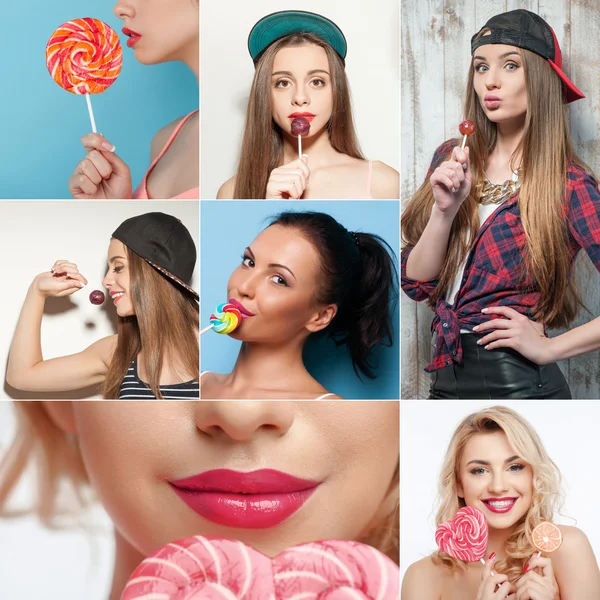 Set of girls with tasty colored candy — Stock Photo, Image