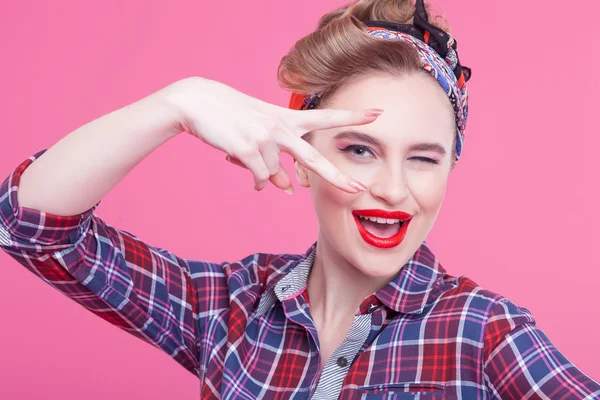 Cute young woman is gesturing positively — Φωτογραφία Αρχείου