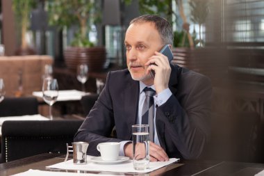 Skillful mature manager is using telephone for communication