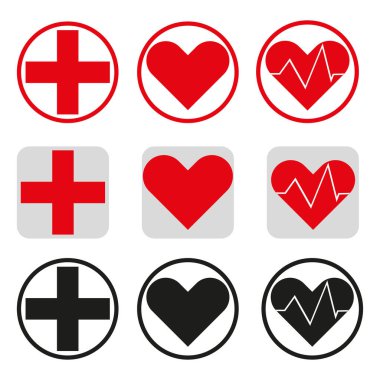 Ambulans Servisi simgesini ayarla. Hastane, acil durum ikonu. Vektör artı kalp ikonu. Beyaz arkaplanda illüstrasyon.