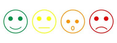 Yüz ifadelerinin vektör illüstrasyonu - gülen ikon seti. Duygular pozitif şok nötr ve negatif (kırmızı. Sarı. Turuncu. yeşil. 