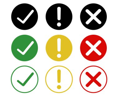 Düz yuvarlak kontrol işareti, ünlem işareti simgeleri beyaz bir arkaplanda. Vektör.