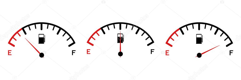 Set of fuel gauge icons. Car dashboard. Gasoline meter. Fuel indicator from empty tank to full on white background.
