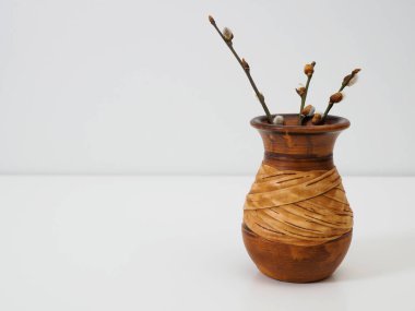 Handmade clay vase with pussy willow sprigs on white background with copy space