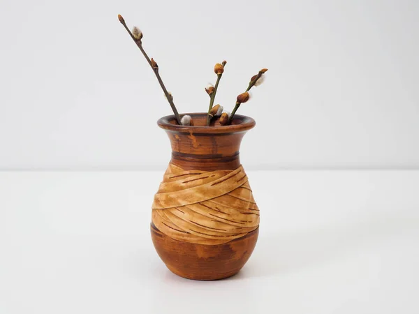 Handmade clay vase with pussy willow sprigs on white background isolated