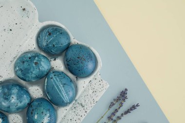 Yumurta kartonuna boyanmış mavi paskalya yumurtaları.