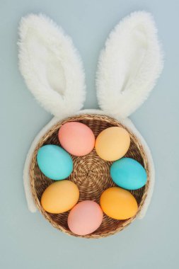 Sepetteki paskalya yumurtalarının yaratıcı paskalya kompozisyonu ve mavi arka plandaki tavşan kulakları.