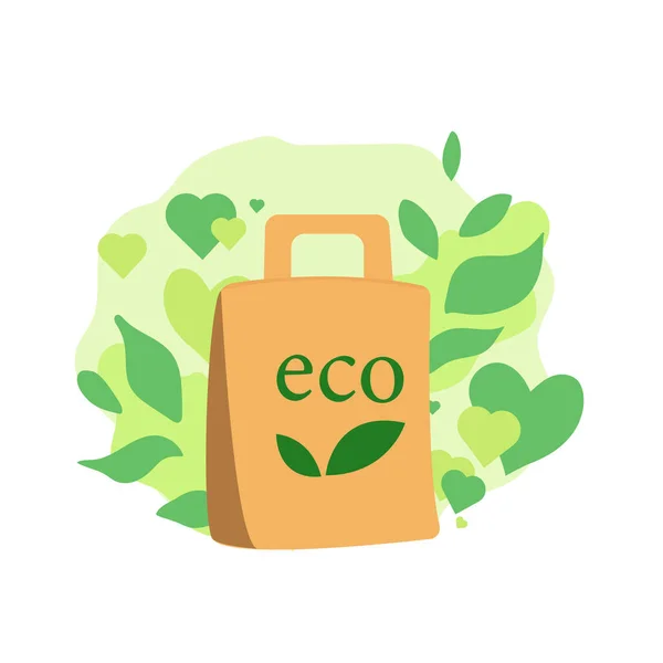 Eco Paper Brown Shopping Bag Green Abstract Background Leaves Heart — Stock Vector