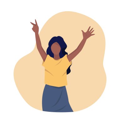 Koyu tenli, uzun siyah saçlı, elleri havada mutlu bir genç kadın. Sarı ve mavi elbiseler..  