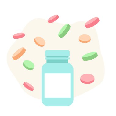 Ön planda bir kavanoz hap var. Arka planda dinamik haplar var. Tıbbi konsept. Sağlıklı yaşam tarzı