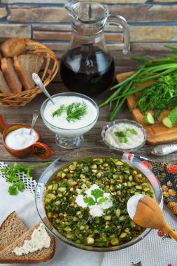 Geleneksel yaz soğuk çorba okroshka Kvas ile