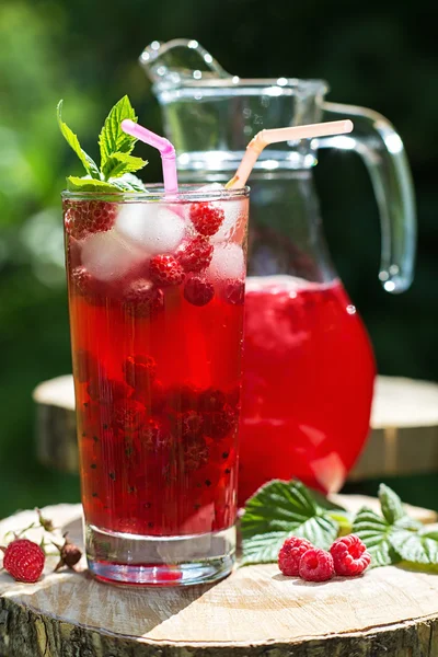 Yaz bahçesinde ahududu somun ile ev yapımı meyve suyu bir cam ve sürahi