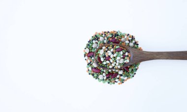 Farklı bacakları olan bitki ve baharatların karışımı. Çeşitli sebze protein kaynakları: fasulye, mercimek, bezelye, nohut, kaşık içinde mung fasulyesi. Üst Manzara. Boşluğu kopyala.