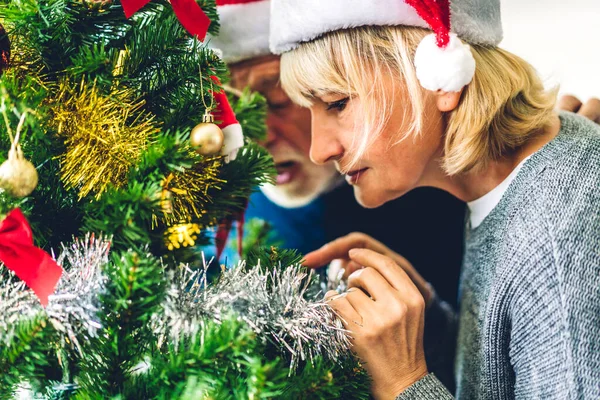 Romantic Sweet Senior Couple Relaxing Decorating Christmas Tree Smiling While — Stock Photo, Image