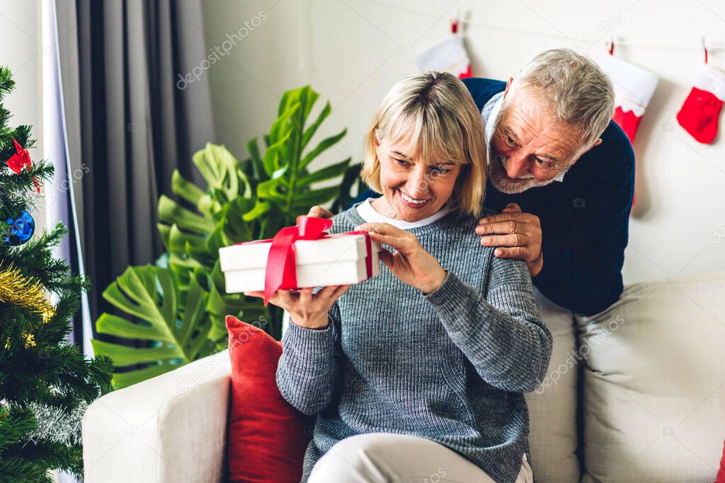 Romantic sweet senior couple in santa hats having fun and smiling while celebrating new year eve and enjoying spending time together.Senior man giving gift box surprise to wife in christmas time at home