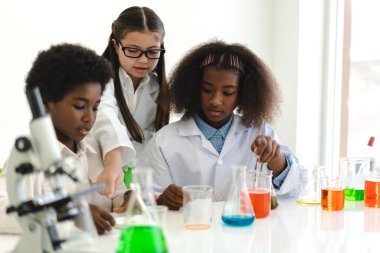 Okuldaki deney laboratuarında test tüpünde sıvı karıştırırken ve analiz ederken araştırma yapmayı öğrenen ve kimyasal deney yapan bir grup küçük sevimli öğrenci. Eğitim.