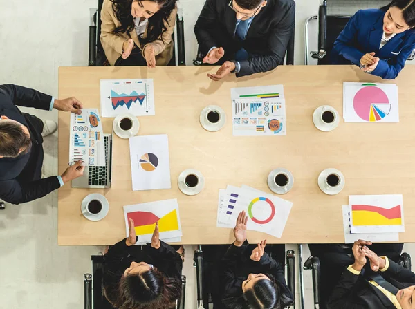 Top view of group business meeting and discussing with new startup idea project.Creative business people planning strategy analysis and brainstorm with document report in office.Teamwork