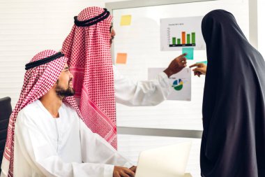 Üniversiteli Arap iş adamlarının dizüstü bilgisayar ve belge raporlarıyla çalışmalarının başarısı. Yaratıcı Arap iş adamları yeni bir başlangıç projesi projesiyle buluşup strateji analizi planlıyorlar.