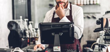 Yakışıklı sakallı baristanın portresi. Küçük işletme sahibi. Kafenin arkasında bilgisayarla çalışıyor.