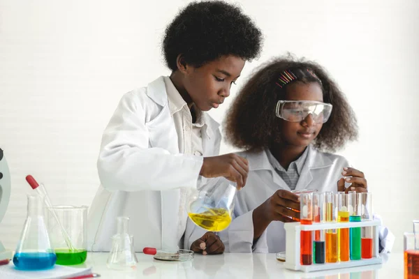 Dois Afro Americanos Bonitinho Menino Menina Estudante Pesquisa Aprendizagem Infantil — Fotografia de Stock