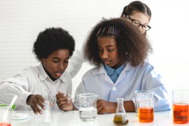 Okuldaki deney laboratuarında test tüpünde sıvı karıştırıp analiz ederken araştırma yapmayı ve kimyasal deney yapmayı öğrenen bir grup küçük tatlı öğrenci. Eğitim.