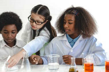 Okuldaki deney laboratuarında test tüpünde sıvı karıştırıp analiz ederken araştırma yapmayı ve kimyasal deney yapmayı öğrenen bir grup küçük tatlı öğrenci. Eğitim.