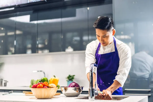 Gülümseyen Profesyonel Asyalı Şef Portresi Yemek Pişiriyor Salata Hazırlıyor Lokantanın — Stok fotoğraf