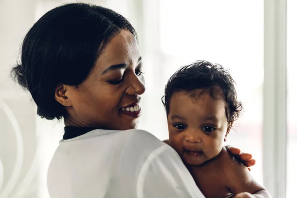 Portrait Enjoy Happy Love Family African American Mother Playing Adorable — Stock Photo, Image