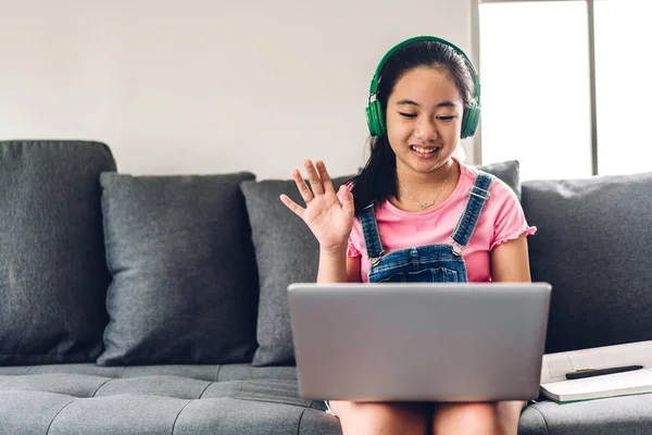 School Kid Little Girl Learning Looking Laptop Computer Making Homework — Stock Photo, Image