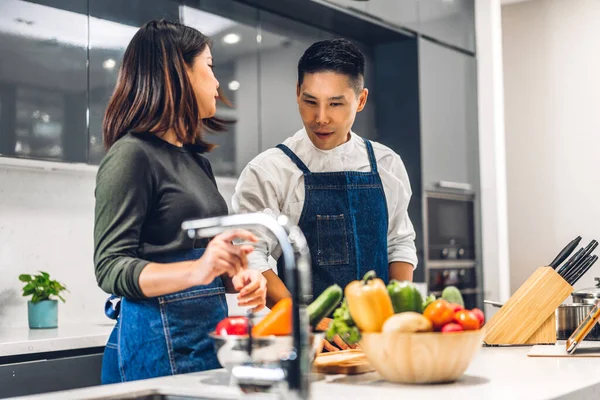 Junges Asiatisches Familienpaar Hat Spaß Beim Gemeinsamen Kochen Mit Frischem — Stockfoto