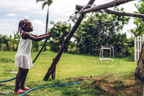 Portrait Happy Smiling Little Child African American Girl Playing Watering — Stock Photo, Image