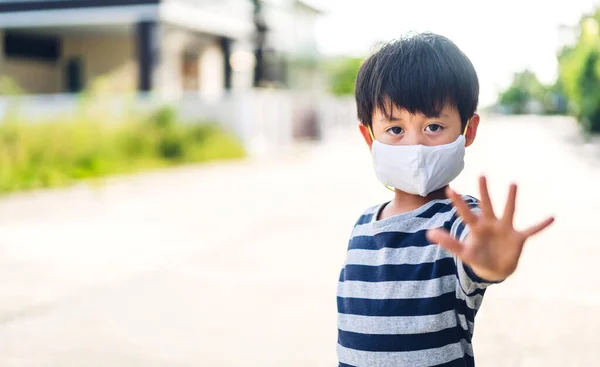 Portrait Enjoy Happy Little Asian Boy Stop Covid19 Wearing Protective — Stock Photo, Image