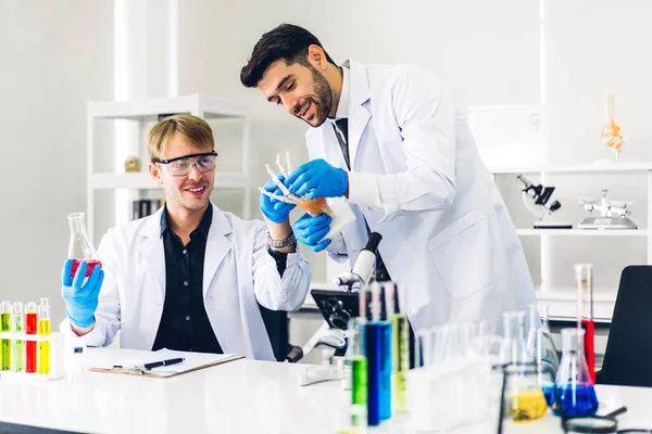 Professional Two Scientist Man Research Working Doing Chemical Experiment While — Stock Photo, Image