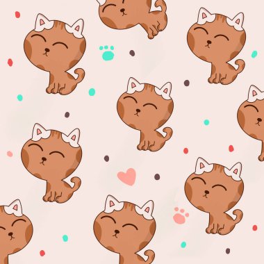 Pastel rengarenk evcil hayvanın elle çizilmiş tasviri. Ekran baskısı tişörtü ve duvar kâğıdı dokusu arka planı için dikişsiz şirin kedi çizgi film tasarımı.