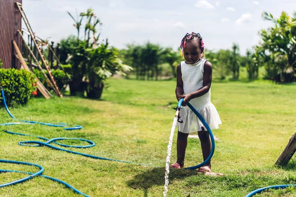 Portrait Happy Smiling Little Child African American Girl Playing Watering — Stock Photo, Image