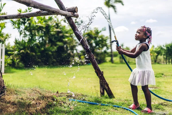 Portrait Happy Smiling Little Child African American Girl Playing Watering — Stock Photo, Image