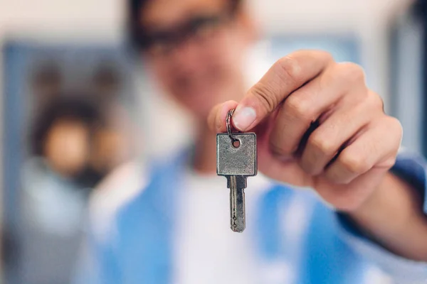 Young Excited Happy Asian Man Holding New House Key Hands — Stock Photo, Image