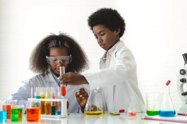 Dois Afro Americanos Bonitinho Menino Menina Estudante Pesquisa Aprendizagem Infantil — Fotografia de Stock