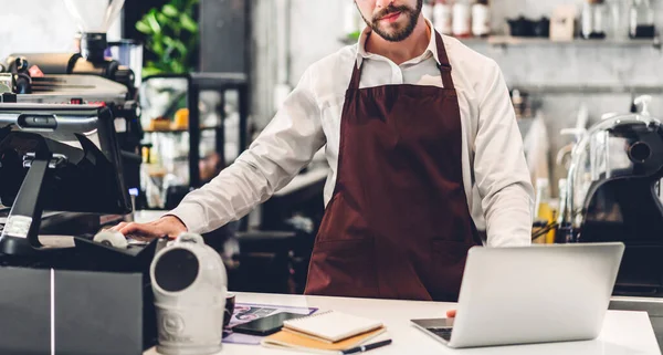 Portrait Handsome Bearded Barista Man Small Business Owner Working Laptop — Stock Photo, Image