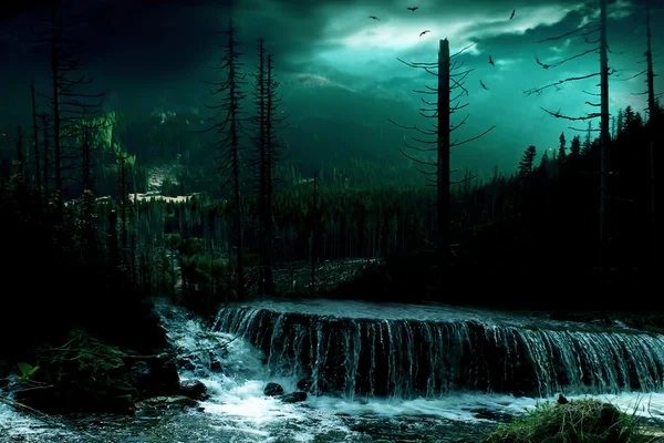  Mountain waterfall in the fairy forest at nigh