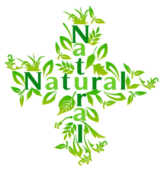 Word "natural" on a white background with green leaves — Stock Photo, Image