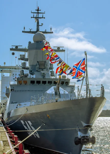 Modern warship Corvette Resistant at the pier in Lenexpo on naval salon in St. Petersburg.