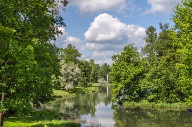 Yeşil orman ve çayır Gatchina Park çevrili gölün kıyısında.