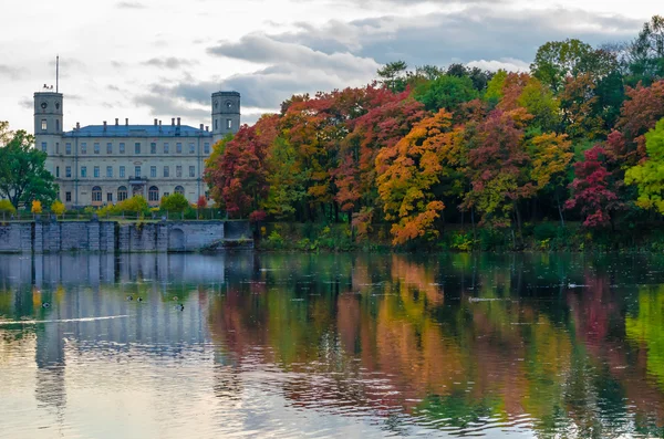 Sonbahar sahne Gatchina Park Manzaralı göl saraydan bir.