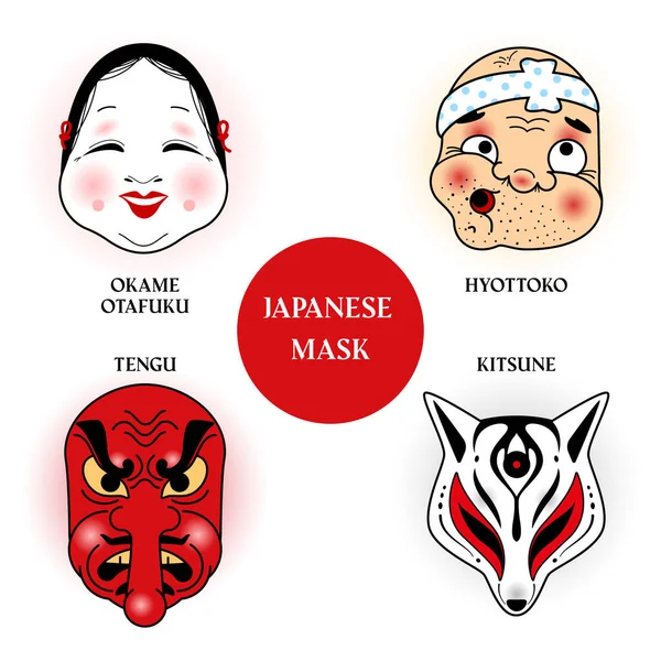 Japon ulusal tiyatro maskeleri. Dört karakter - Okame, Hyottoko, Tengu, Kitsune. Çizgi film tarzında izole edilmiş vektör.