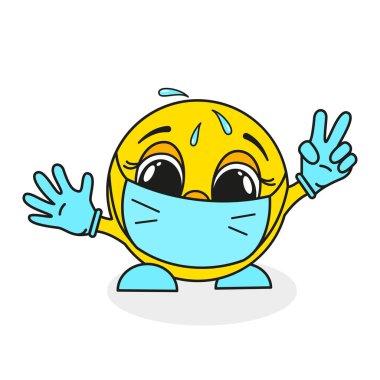 Maskeli ve eldivenli gülen surat, parmaklarıyla zafer işaretini gösteriyor. Beyaz arkaplanda izole edilmiş vektör.