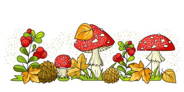  Lingonberry ve Fly Agarics ile sonbahar kompozisyonu. Alt sınır. Çizgi film tarzında vektör illüstrasyonu. Beyaz bir arkaplanda izole edilmiş.