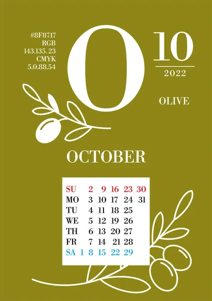 Kalender Voor Oktober 2022 Achtergrondkleur Olive Letter Van Maand Oktober — Stockvector