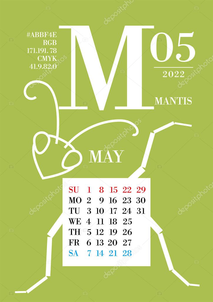 Calendar For May 2022 The Background Color Is Mantis The Letter Of The Month M Is May The Layout Has Color Information Color Name Color Code And Data In Cmyk Rgb