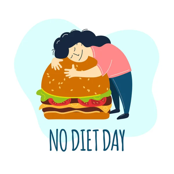 女孩拥抱着汉堡包 国际无饮食日 主题的幽默 矢量图解 在白色背景上孤立 适用于贺卡 海报及横幅 — 图库矢量图片